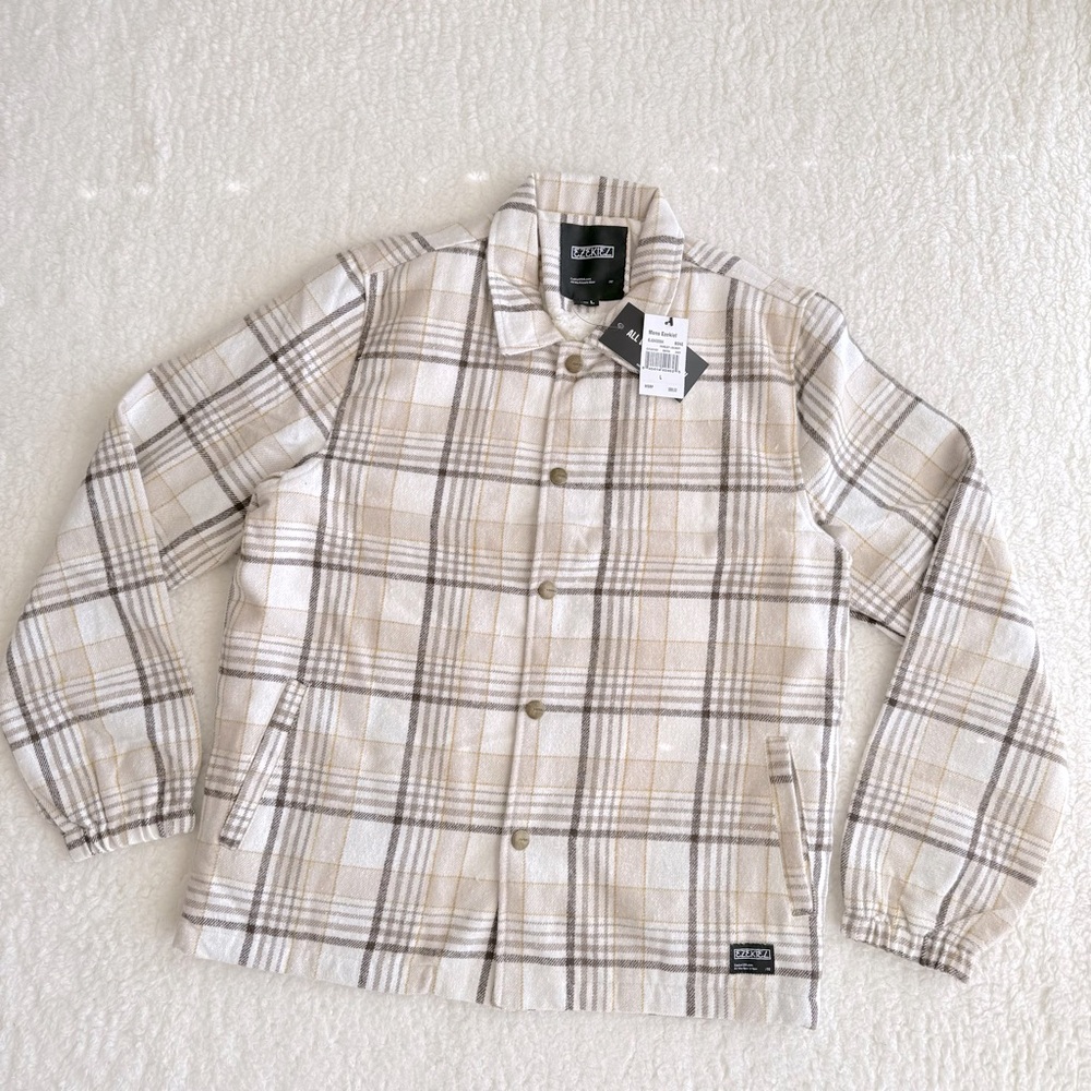 Ezekiel Men Tan and Brown Plaid Shacket with Sherpa Lining, Side Pockets, Size L